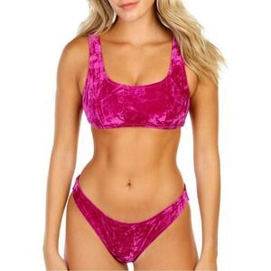 Cabana Del Sol Fuchsia Crushed Velvet Bikini Set Sz M Glam Pool Beach Summer